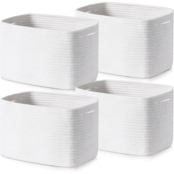 Storage Cube Bins -Storage Basket for Organizing, 12”x10”x9” Decorative Storage Cubes, Cotton Rope Organizer Shelfs, Woven Basket with Handles for Home, Laundry (4-Pack, White)