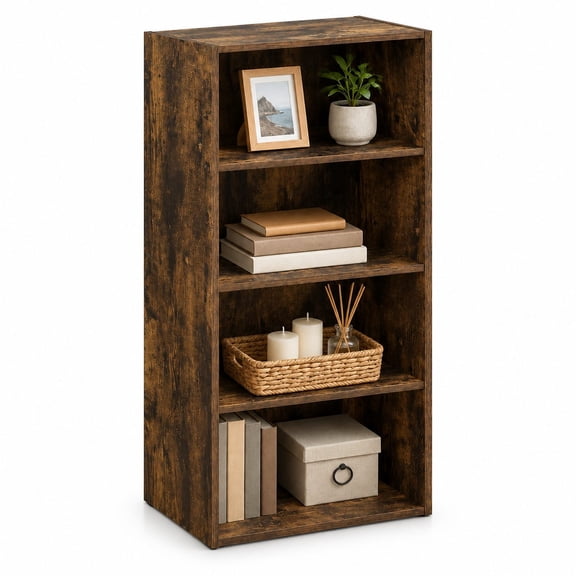 Storage Cube Organizer Bookshelf 4-Tier, Open Shelf Bookcase, 11x17x35 Inches, for Living Room, Bedroom, Home Office, Amber Pine Finish