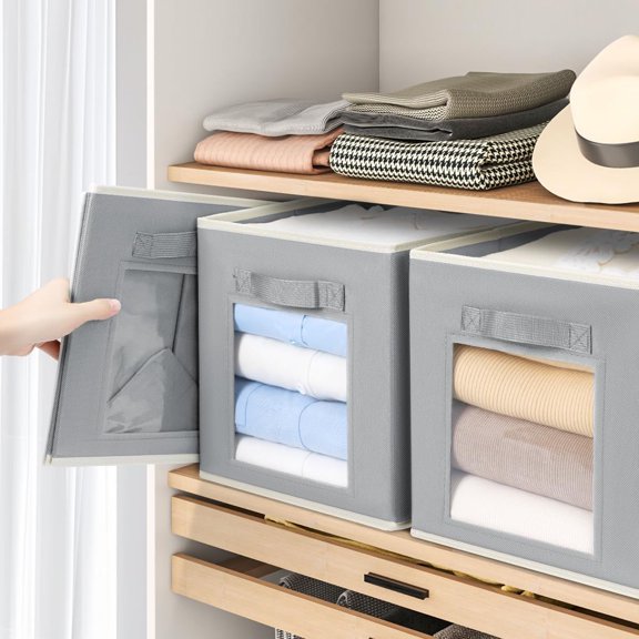 Storage Cube with Window, Fabric Bins with Handle, Set of 6, Grey