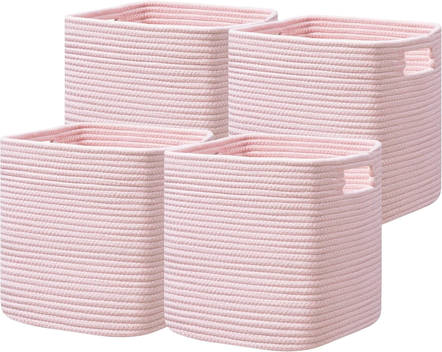 Storage Cubes 11 Inch, Cotton Rope Woven Baskets for Organizing, Cube Storage Bin for Baby Nursery, 4-Pack Square Toy Storage Baskets for Shleves Organizer, Closet, Kidsroom, Pink