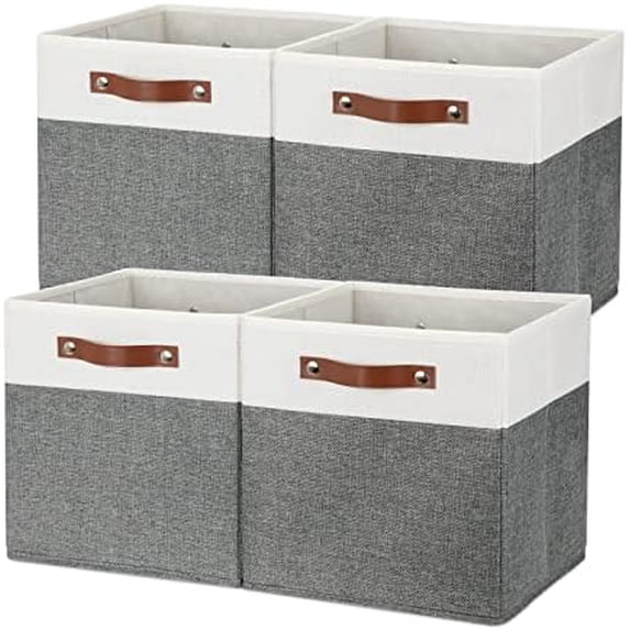Storage Cubes 12ﾗ12 Fabric Cube Storage Bins Foldable Storage Baskets with Handles, Decorative Storage Boxes for Organizing, Home, Office, Nursery, Shelf, Closet (White & Grey, 12 x 12 x 12)