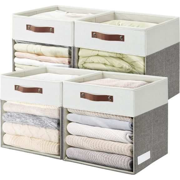 Storage Cubes with Clear Window Linen Fabric Collapsible Storage Bins with Handles 13 x 13