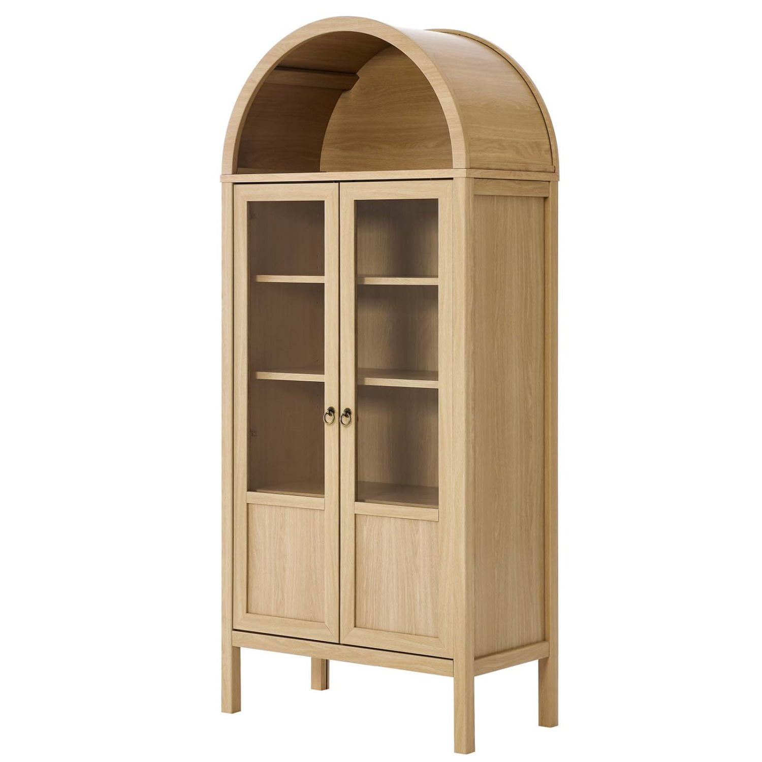 Tall Oak Arched Storage Display Cabinet with Glass Doors