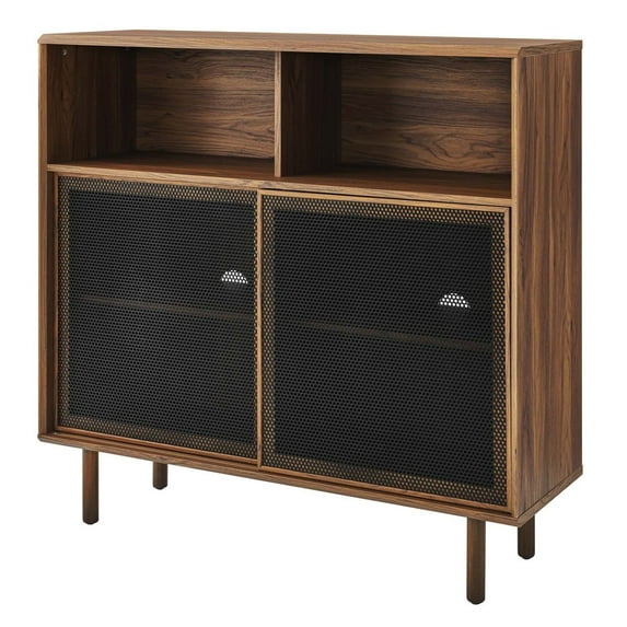 Storage Display Accent Cabinet, Walnut, Wood, Metal, Industrial Living Office Kitchen Hospitality Restaurant, Modern Contemporary HB34585