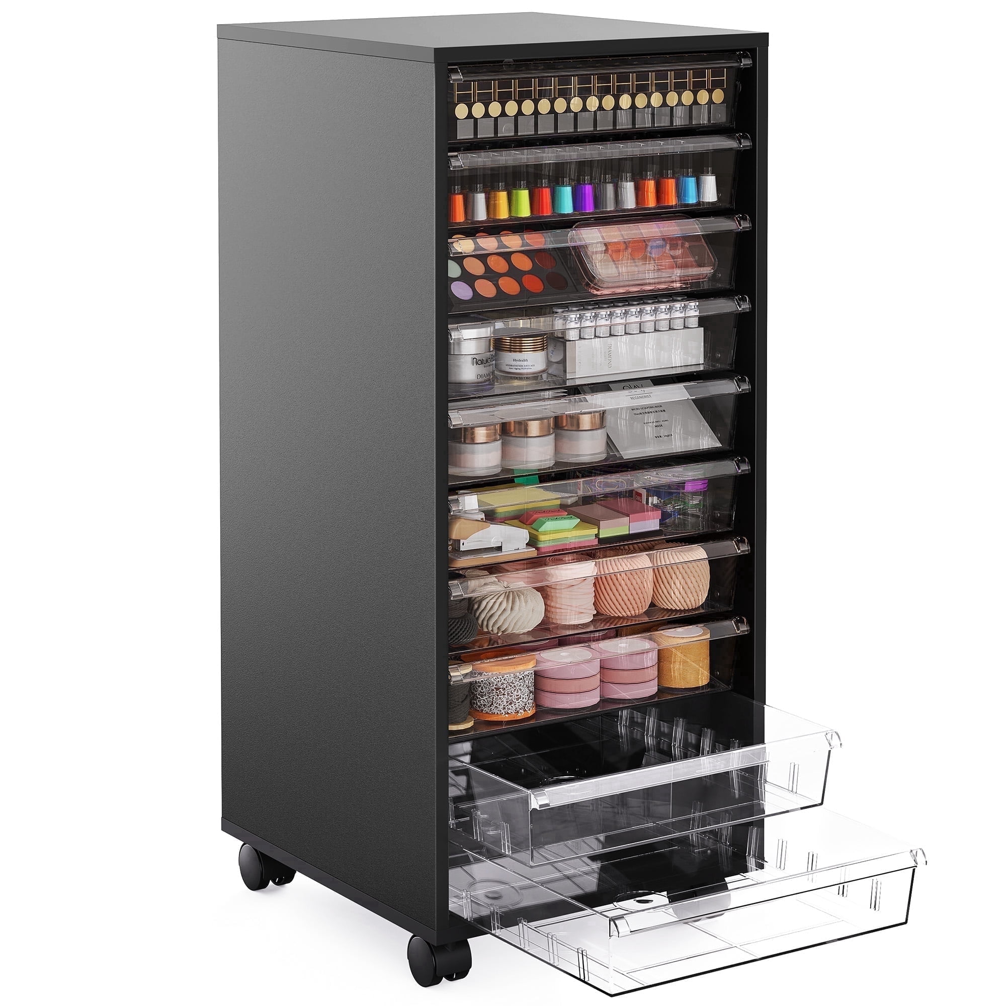 Wood  Storage Drawer Cart, Makeup Organizer and Storage with 10 Large Clear Drawers, Black