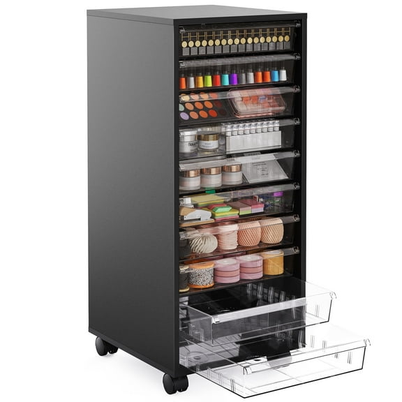 Wood Storage Drawer Cart, Makeup Organizer and Storage with 10 Large Clear Drawers, Black