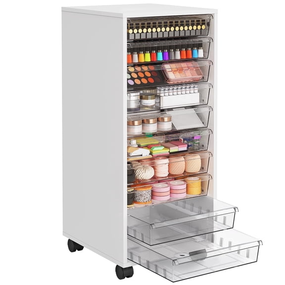 Wood  Storage Drawer Cart, Makeup Organizer and Storage with 10 Large Clear Drawers, White