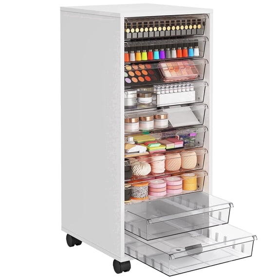 WOPITUES Rolling Storage Cart with 10 Drawers, Wood Craft Storage Cart, Makeup organizer with 10 Dividers,White
