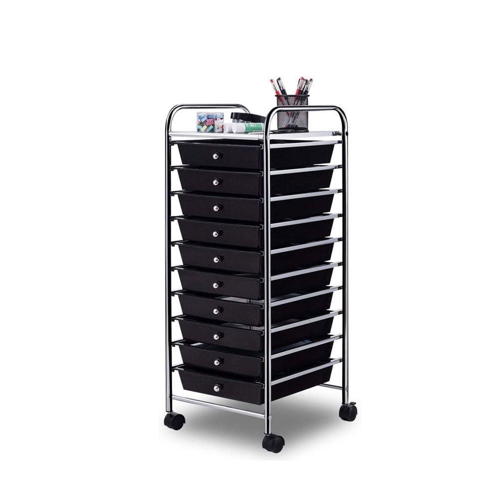 Black 10-Drawer Rolling Storage Cart with Chrome Frame