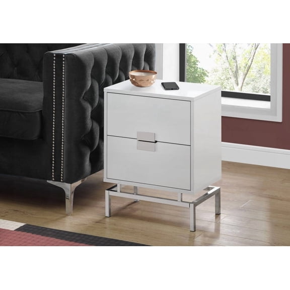Storage Drawer Side Table in Glossy White Laminate with Chrome Metal Accents