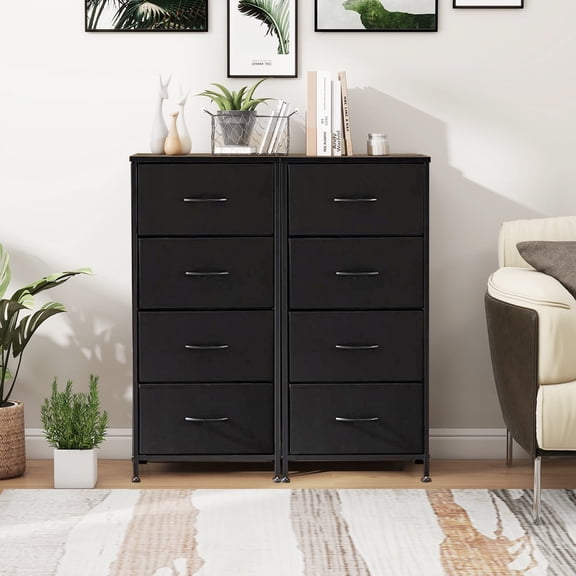 Storage Drawers, Fabric Dresser, Skinny Fabric Storage Tower with 4 Drawers, Tower Organizer Unit, Wooden Board and Steel Frame, Black