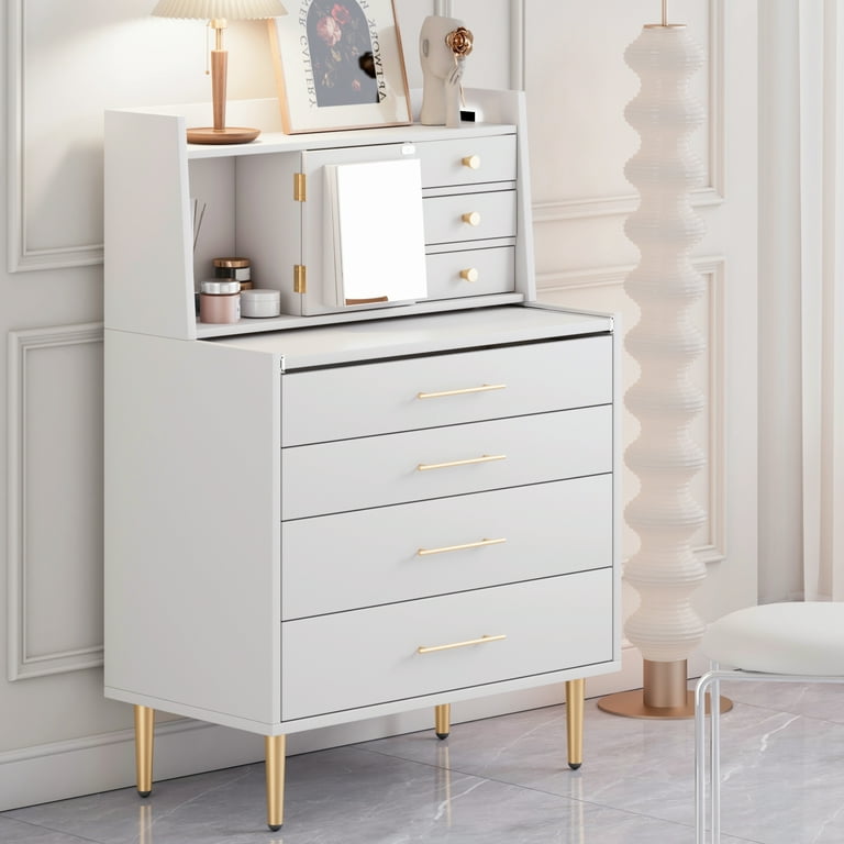 Storage Dresser Elegant Vanity Makeup Table with Mirror and Retractable Table Functional Storage Dresser Dressing Table with 7 Drawers and Hidden