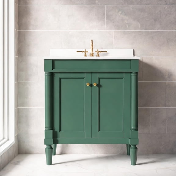 Storage-Focused French Style Bathroom Vanity 30-Inch With Ceramic Sink, Solid Wood Legs, Green Finish