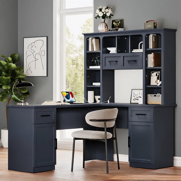 Storage-Focused L-Shaped Computer Desk with Multiple Compartments, Particle Board MDF Build, Blue Finish for Study and Office