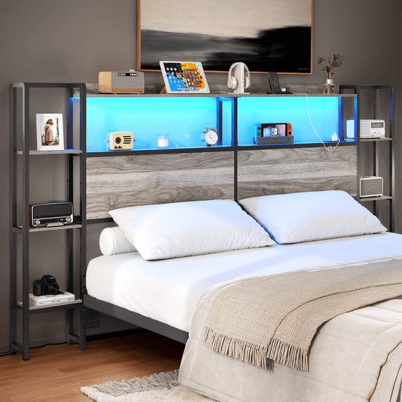 Storage Headboard with LED Lights & Charging Station, 55" Wide Open-Frame Headboard with Shelves, USB Ports & Power Outlets, Modern Wooden Headboard, Adjustable Bed Compatible, Grey,King