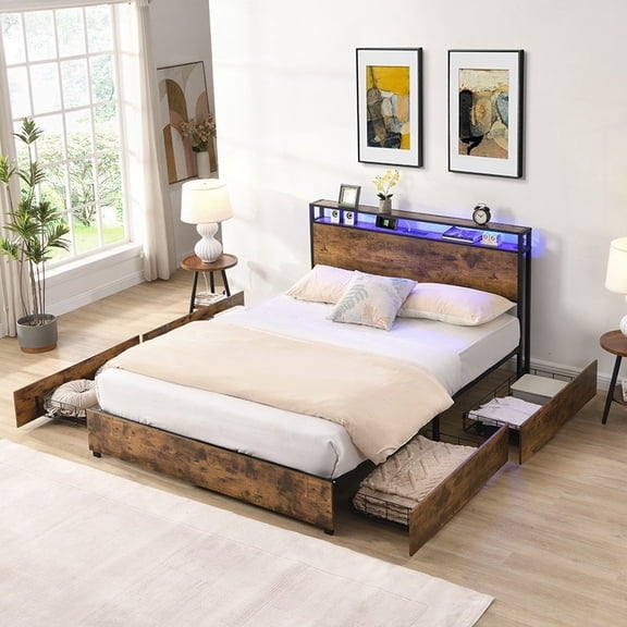 Storage Headboard Queen Bed Frame - 4 Drawers, Charging Station, Smart LED Lights