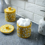 Storage Jar for Bathroom Canister(350 Ml) | Marble Design Q-tip Dispenser | Vanity Storage Jars, Floral Ceramic jars, Bath Accessories Set for Cotton Swab Ball Pads Floss