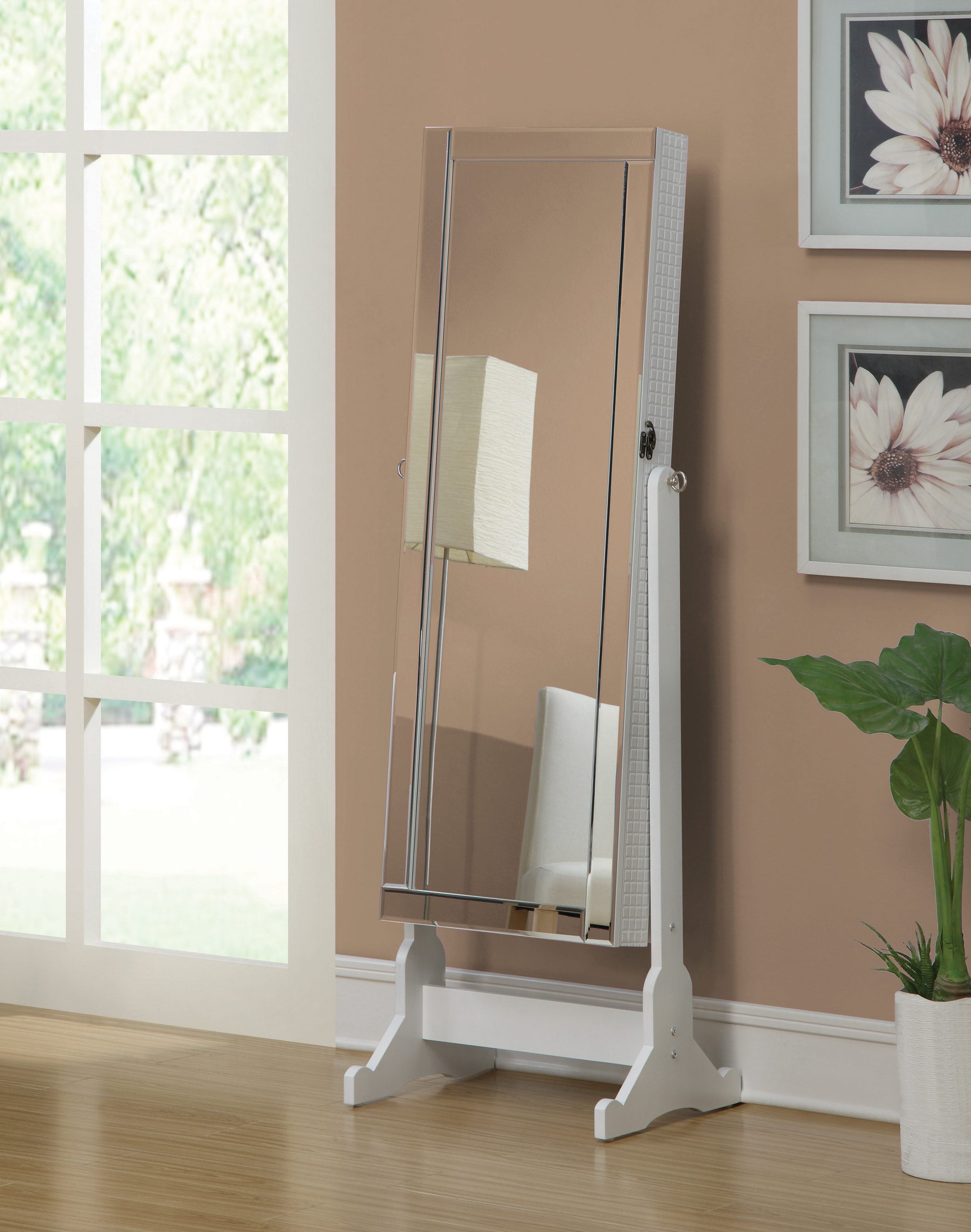 White Transitional Cheval Mirror with Jewelry Storage
