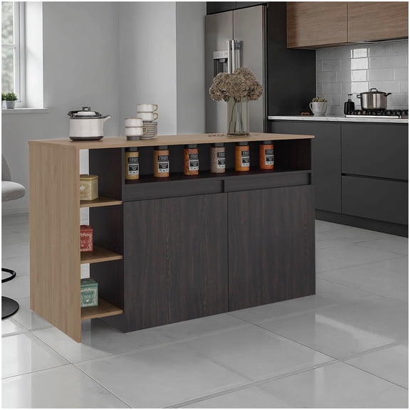 Storage Kitchen Island with 2 Doors and Shelves | Two-Tone Wenge/Oak, Durable Melamine