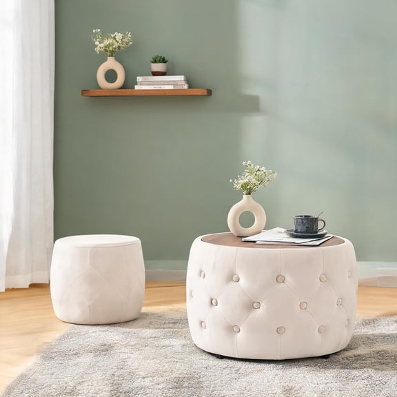 Storage Linen Beige Velvet Nesting Ottomans 4-in-1 Multi-Functional Modern Round Foot Stools