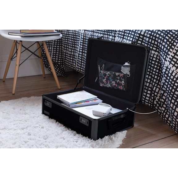 Storage Lock Box - 6.5 x 19.25 x 13.5 Inch Lockable Dorm Storage Trunk with Combination Lock - Briefcase, Medicine Box, Lock Boxes for Personal Items, Cash, Laptop - Black on Black