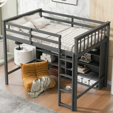 Storage Loft Bed with 8 Open Storage Shelves and Built-in Ladder, Twin Size Wood Loft Bed with Guardrails and Wood Slats Support, Space Saving, Multi-functional Loft Bed for Kids Teens(Gray)