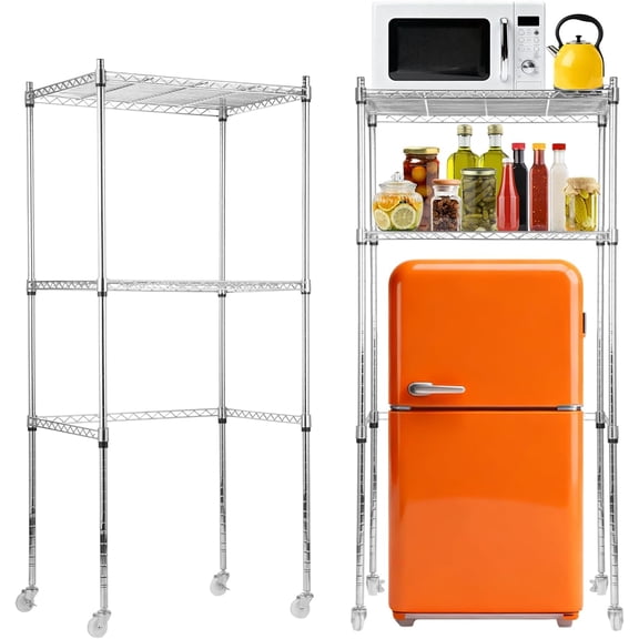 2-Tier Over the Mini Fridge Storage Shelf, Height Adjustable Fridge Stand with Lockable Wheels for Dorm and Office Space