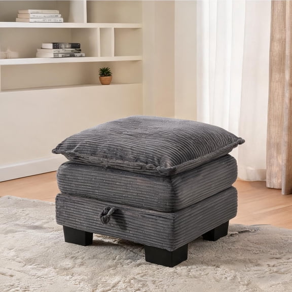 Storage Modular Footstool Ottoman, Soft Gray Corduroy, Rectangular for Indoor Extra Seating