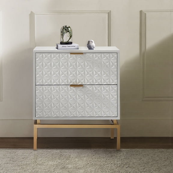 Storage End Table 2 Drawers Console Table Accent Cabinet Wood Sideboard Built in Charging Station Metal Legs White