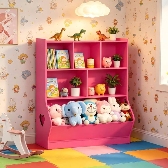 Storage Organizer, 3 Tier Bookcase and  6 Cubby Cabinet, Wood Book Shelf for Living Room, School (Pink)