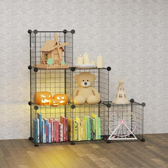 Cube Storage Organizer, 6 Cubes Stackable DIY Metal Wire Cube Storage Shelf for Closet Organizers and Storage, Bookshelf Storage Cubes for Bedroom Living Room Office (Black)