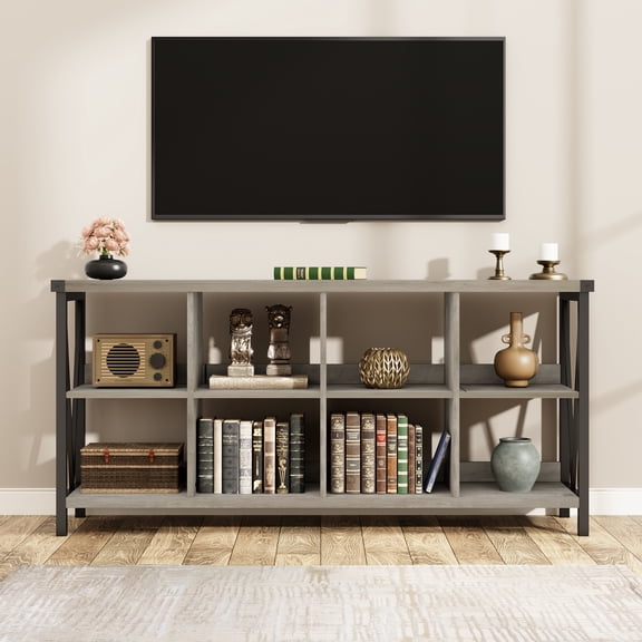 Storage Organizer Bookshelf, Industrial Sofa Side Table,3 Tier Metal Horizontal Bookshelf with 8 Cube Storage,62 Inch Sofa Table for Living Room, Entryway, Hallway