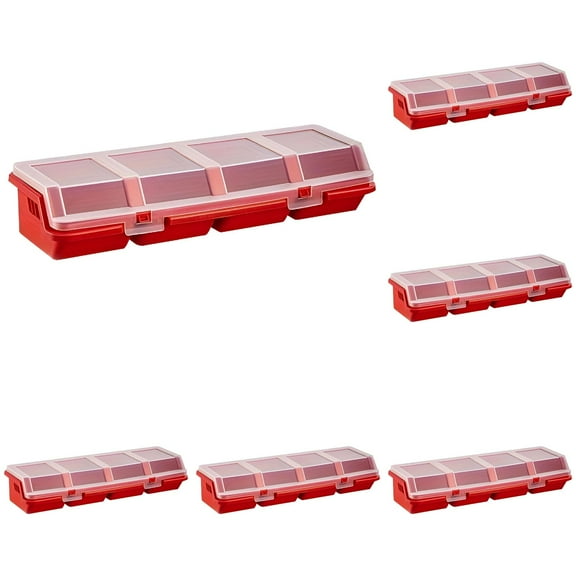Storage Organizer Box Ecohintz 6-Piece Storage Organizer Box - 4-Compartment Leak-Proof Tool Case with Dividers & Lid, Transparent & Stackable for Screws, Nails, Jewelry, Compartment Tool Case, Red