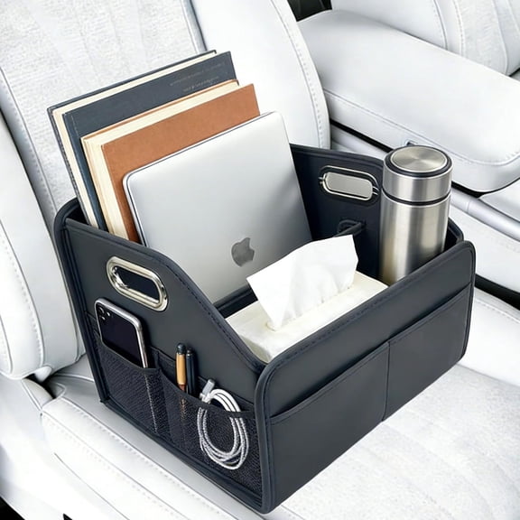 Storage Organizer, Foldable with Removable Dividers, PU Leather Seat Organizer with Metal Handle, Non-Slip  Design, Passenger Front Seat Storage for  Seat & Floor, 12.6 Inches