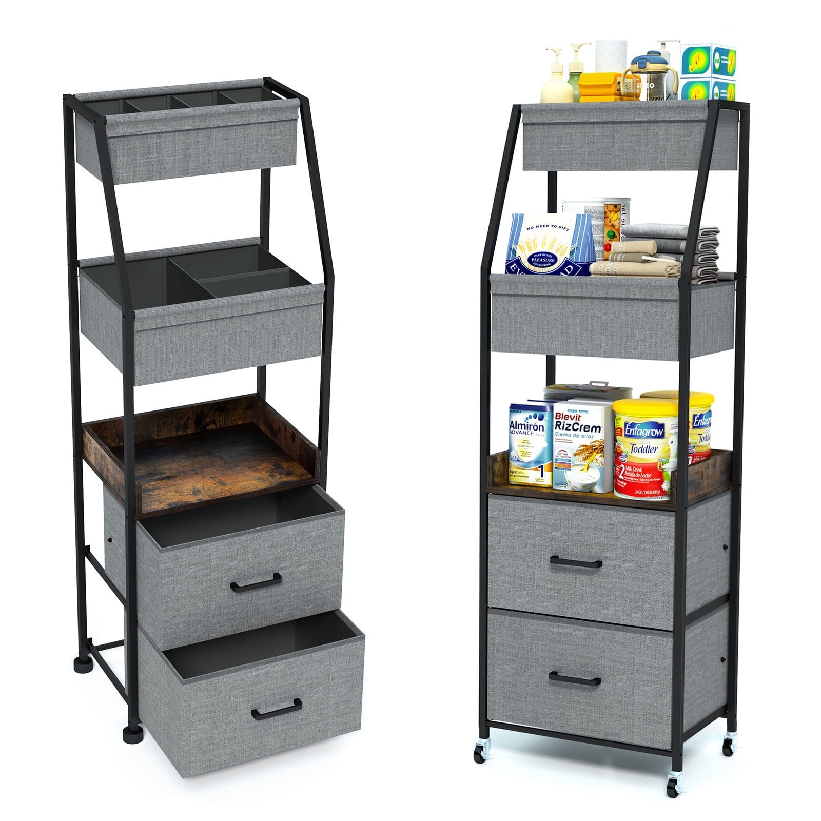 Baby Diaper Caddy Organizer and Storage - 5 Tier Rolling Cart with Dividers and Drawers, Mobile Utility Cart with Wheels for Nursery, Bedroom, Changing Table & Crib,Gray