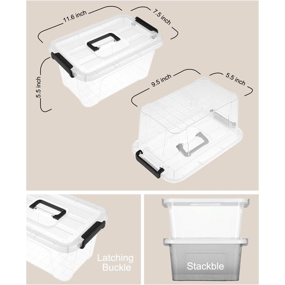 Storage Organizer, Quart Stackable Storage Boxes with Buckle Lids and Handle easy for Home Office Pantry Organization, Clear