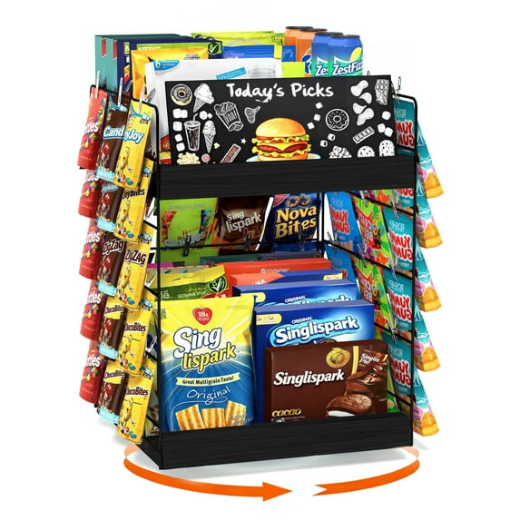 Sfugno 360 Rotating Snack Display Rack, 2 Tier Snack Organizer for Countertop, Pantry Organizer, Can Organizer, Retail Display Shelf for Candy Cans Chip, Black
