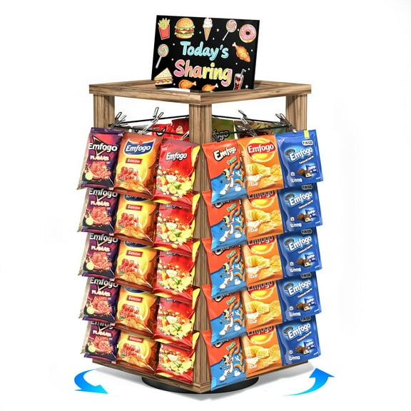 Chip Rack Display Stand, 5-Tier Snack Organizer with 50 Clips, 360° Rotating Wooden Base Chip Holder, Snack Display for Concession Stand, Countertop, Party,Rustic Brown