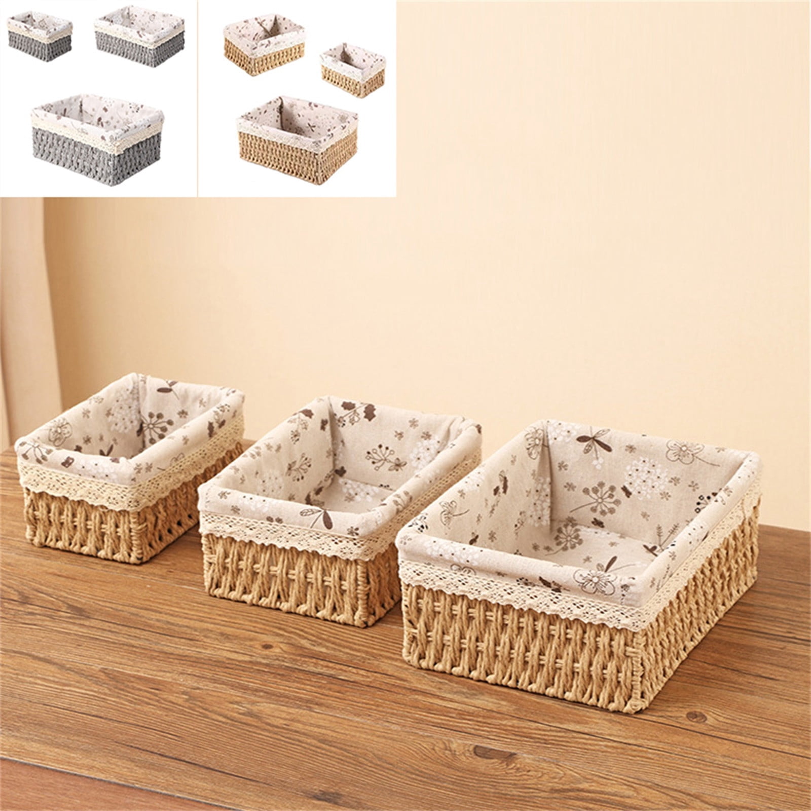 Storage Organizer Wicker Basket Set with Floral , Decorative Woven Baskets for Kitchen and Bathroom, Easter Decorations for Home, Basket for Gifts, Gray