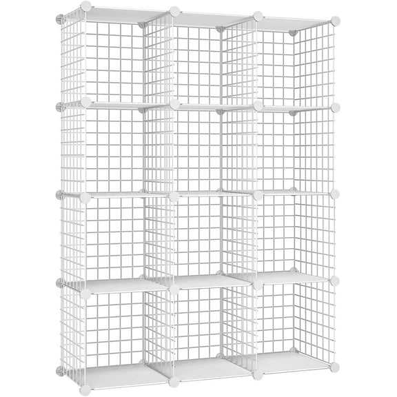 Cube Storage Organizer, Wire Cube Storage, 12-Cube Metal Grid Storage Shelf, Modular Cabinet, DIY Cube Bookshelf, for Living Room, Bedroom, Study, White