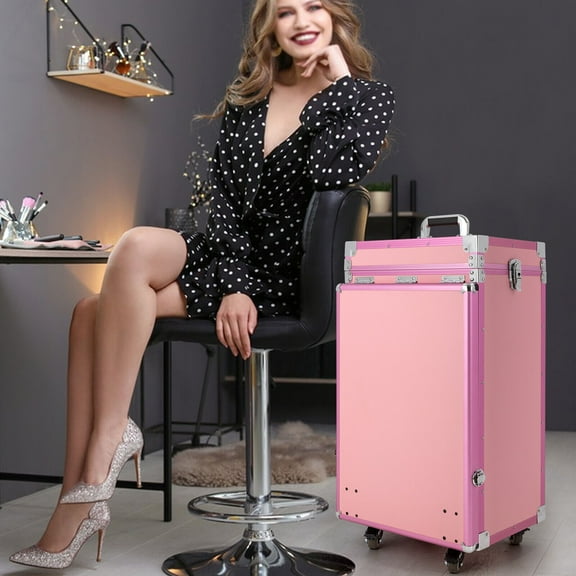 Storage Organizer With Remote Control Pink Rolling Manicure Desk Makeup Train Case, Travel Cosmetic Trolley