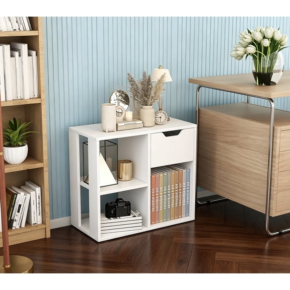 Storage Organizer, Wooden Bookcase with Drawer and 2-Tier Shelves, Freestanding 3 Cube Shelf for Display, Small Modern Cubical Storage Shelf for Bedroom, Living Room, Office (White)