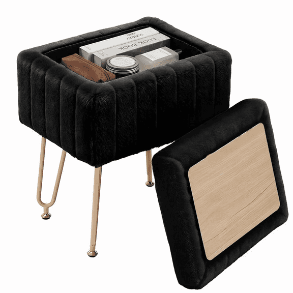 Vanity Storage Ottoma with Tray Top, Faux Fur Footrest Stool with Gold Hairpin Legs, Padded Vanity Seat for Living Room & Bedroom, Black