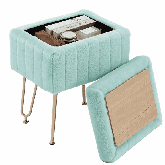 Vanity Storage Ottoma with Tray Top, Faux Fur Footrest Stool with Gold Hairpin Legs, Padded Vanity Seat for Living Room & Bedroom, Mint Green
