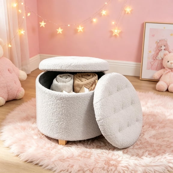 Storage Ottoman, 10.7 Gallon Teddy Fleece Ottoman with Storage, Button Tufted Footstool with Pine Wood Legs, Round Multifunctional Storage Bench for Living Room Bedroom