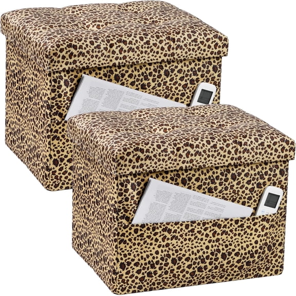 Storage Ottoman, 17" Folding Velvet Foot Rest,Leopard Print 2 Pack | Small Ottoman with Side Pockets, Thicker Foam Padded Seat, Livingroom, Dorm, Bedroom, Easy to install, 43L,17x13x13in