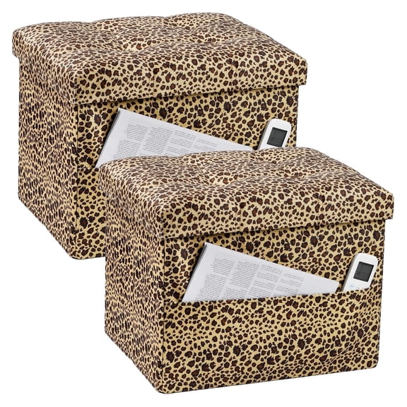 Storage Ottoman 2 Pack 17x13x13 Inch Folding Footrest Leopard Print Upholstered Storage Stool with Lid for Living Room Bedroom Couch Accent Furniture Home Decor