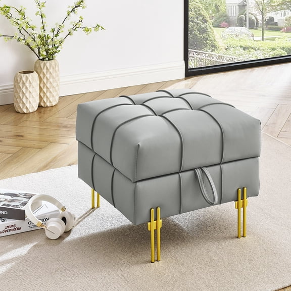 Storage Ottoman, 22" Anti-Scratch Faux Leather Entryway Bench with Golden Stainless Steel Legs, Modern Footstool Cube for Living Room and Bedroom, Gray