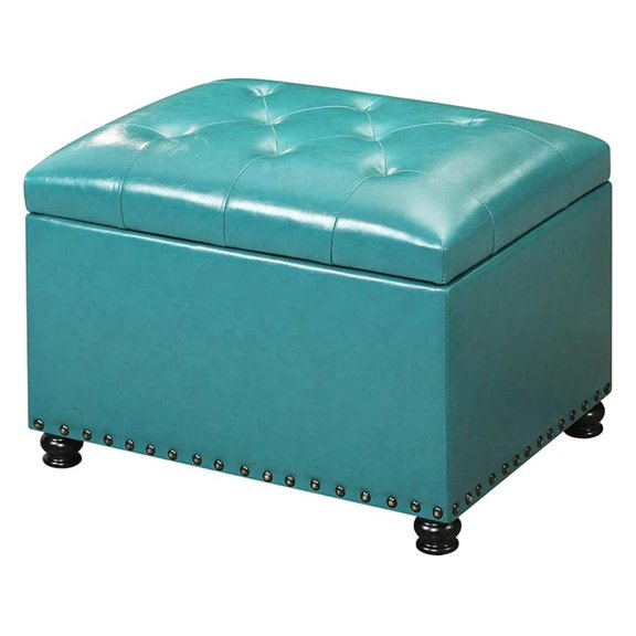 Storage Ottoman 24 Inch, Leather Foot Rest with Lid, Teal Blue Tufted Ottoman Stool for Living Room Bedroom
