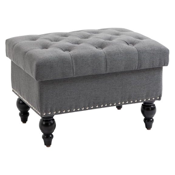 Storage Ottoman 25" with Removable Lid Button-Tufted Fabric Wood Legs Grey Footrest Seat